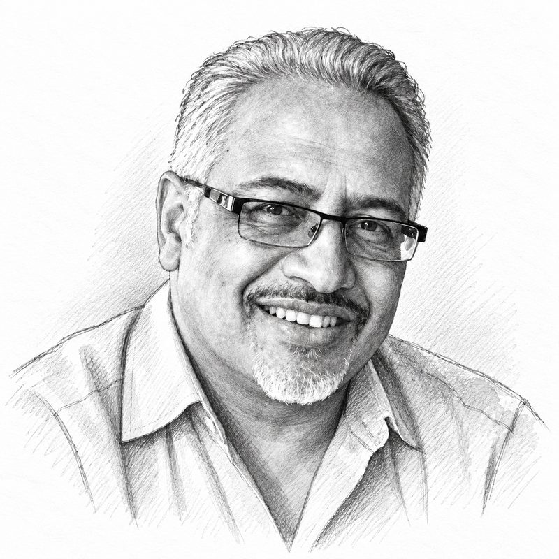 Pencil sketch of David Raea, smiling, with glasses and a grey goatee