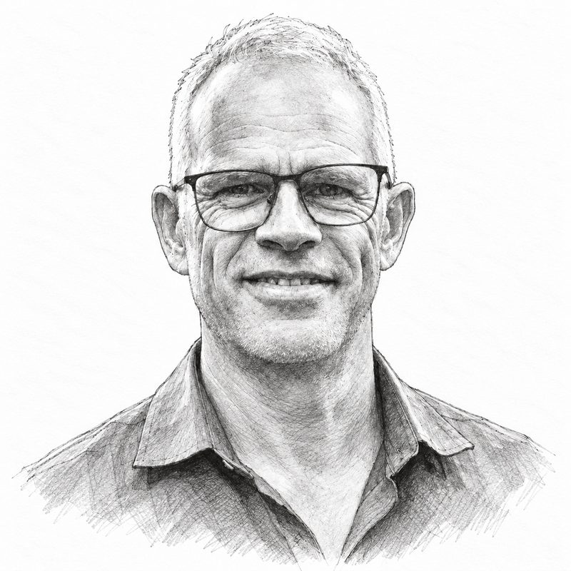 Pencil sketch of David Simiona, smiling, with glasses and short grey hair